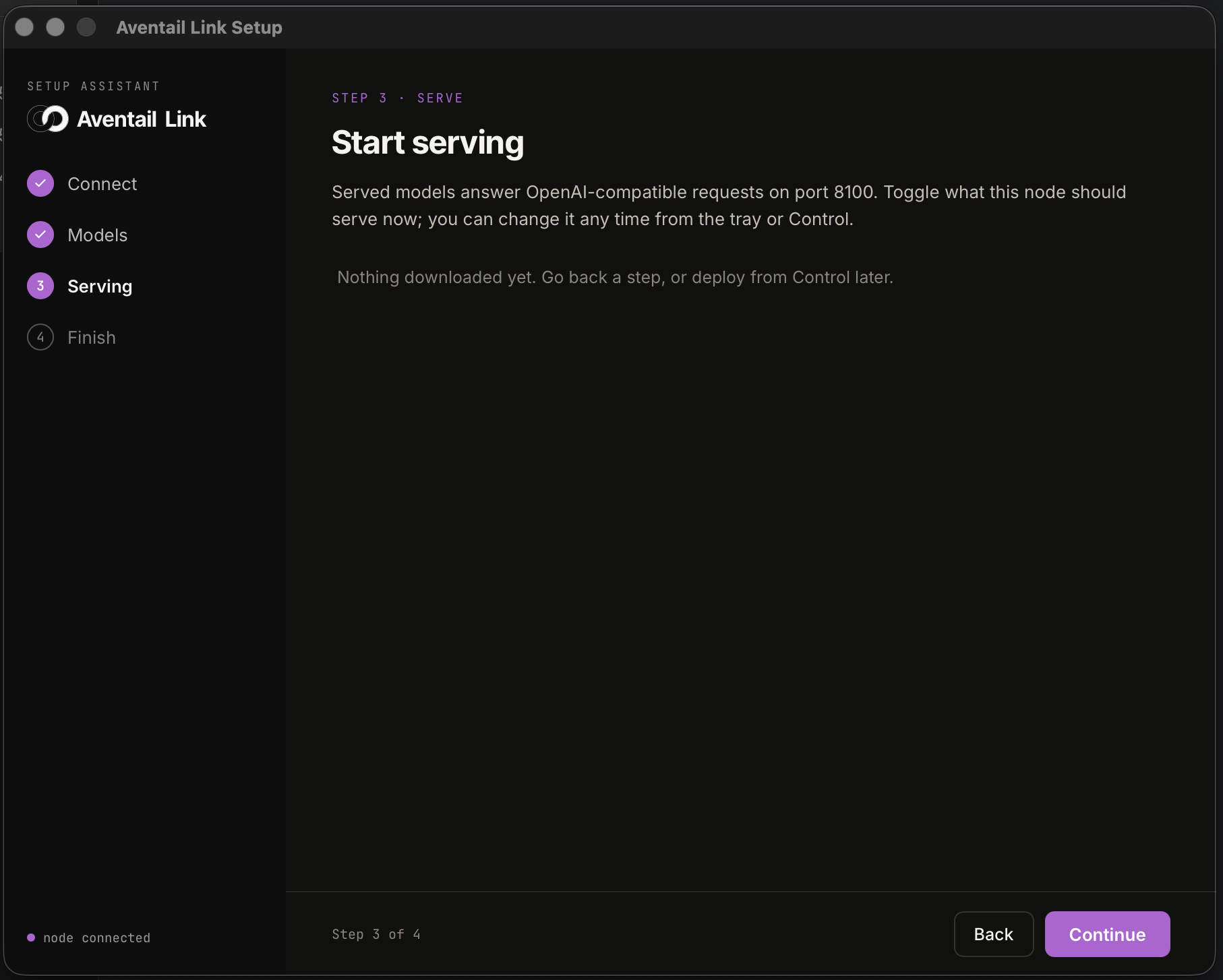 Aventail Link Serving screen saying Nothing downloaded yet while a selected model is still downloading